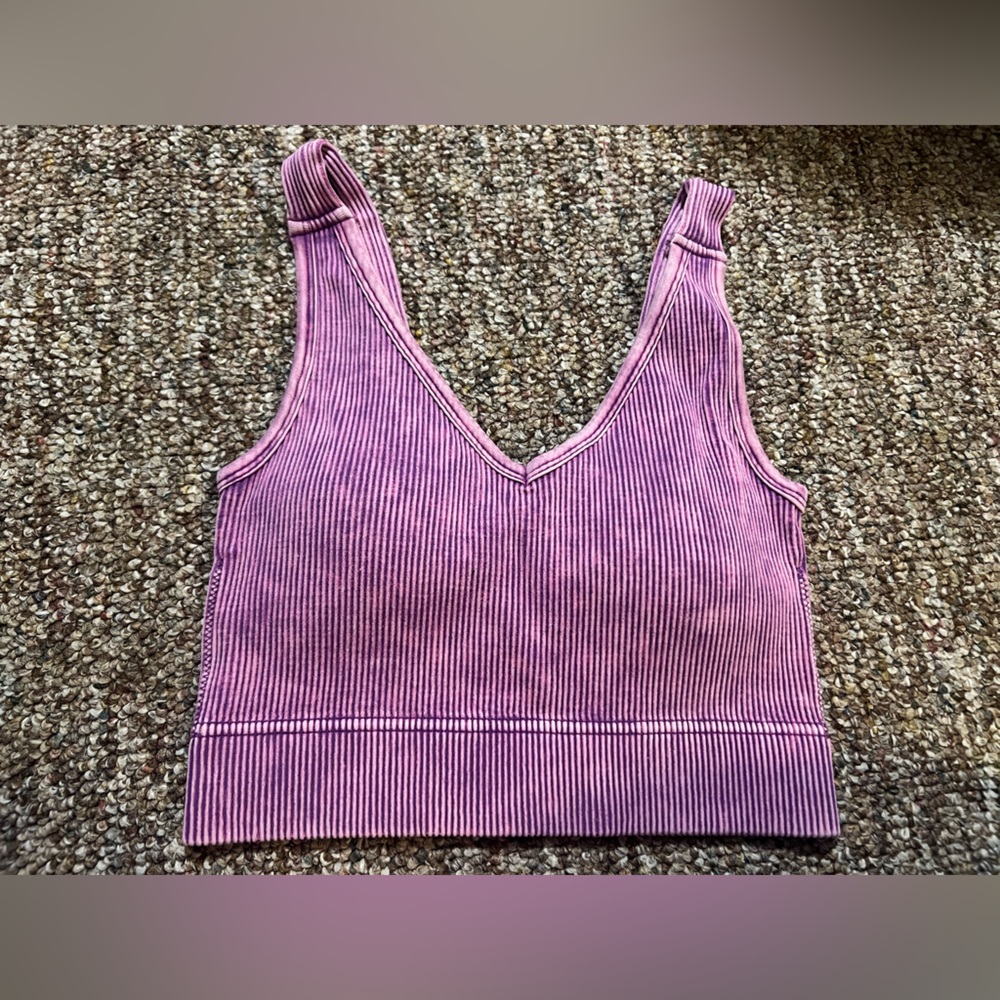 Zenana Stone Washed Ribbed Padded V-Neck Soft Purple Bralette